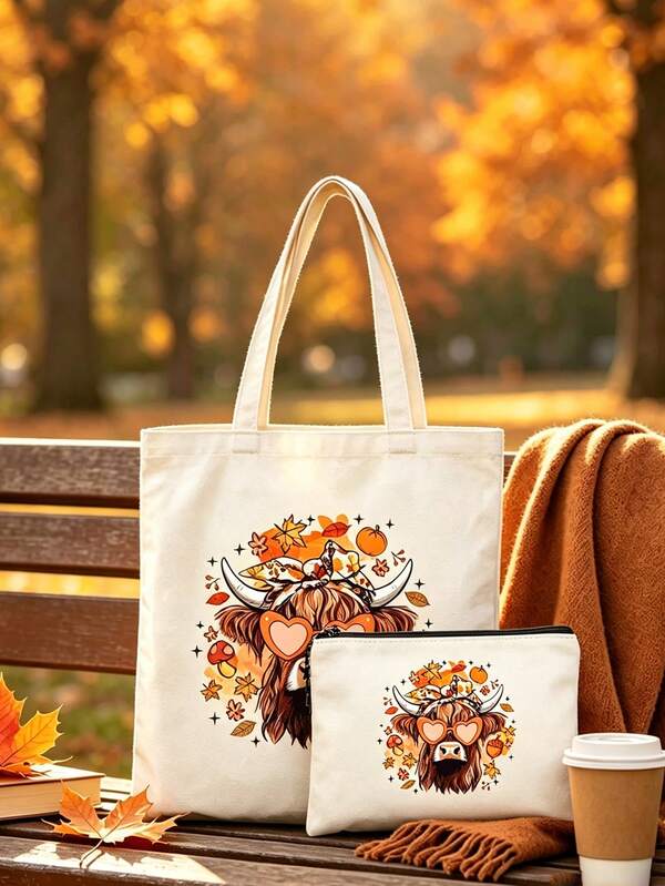 Autumn-Themed Tote Bag; A Durable, High-Capacity Canvas Shoulder Bag Suitable For Travel, School, And Daily Use A Reusable Shopping Bag.