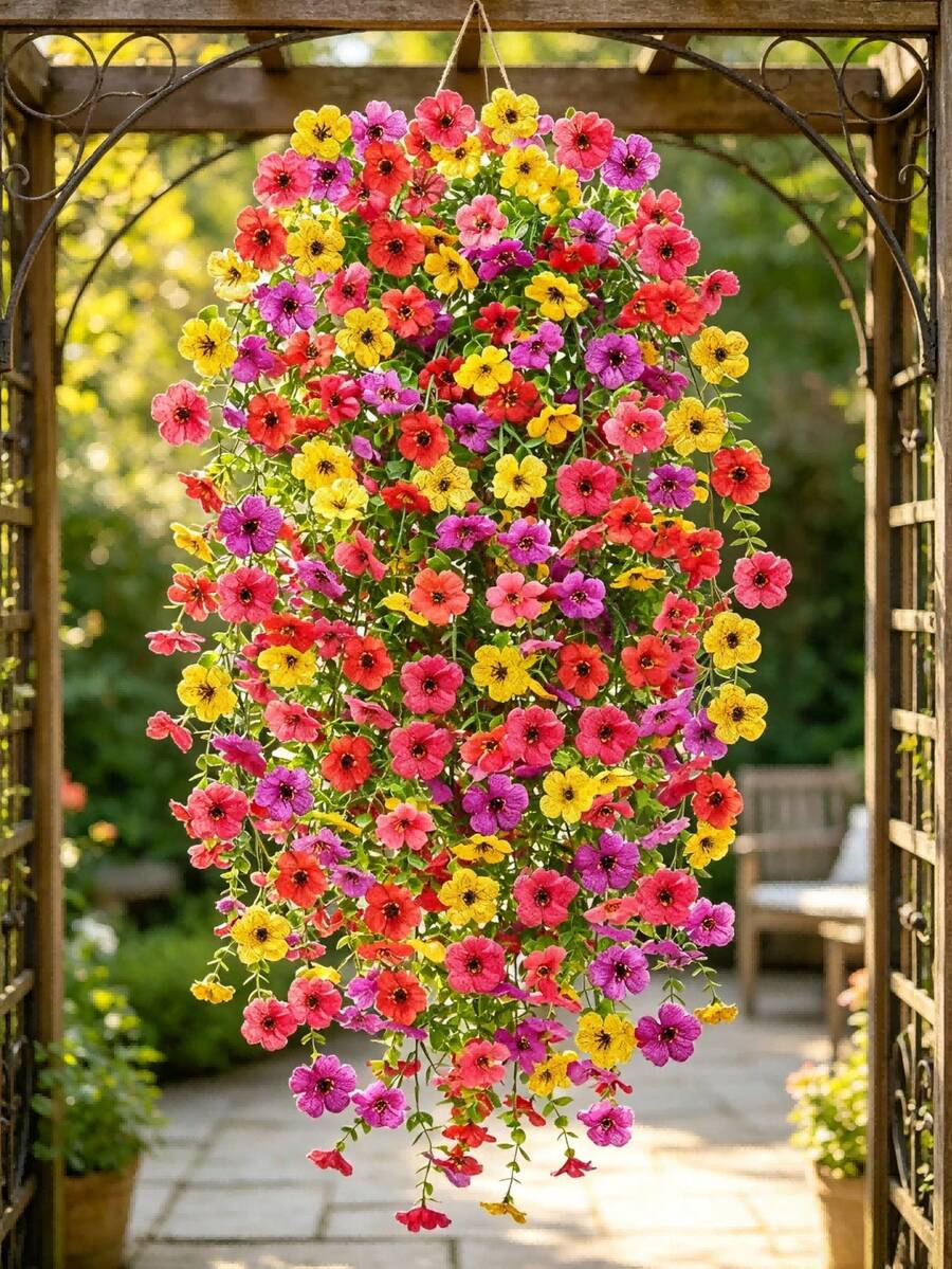 29.9in Long Artificial Outdoor Mixed Color Pansy Wall Hanging - Hanging Artificial Plants, Colorful Flowers Fade-Resistant, Suitable For Various Holidays, Weddings, Gardens Or Home Decor, Wall Decoration, Wedding Centerpiece, All Seasons - Red + Yellow + Purple - View 1