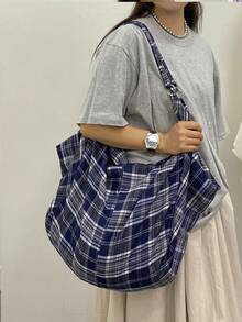 大容量格紋肩背包 女款斜挎包 休閒實用多功能托特包 適合上班、學習、旅行 - 藏蓝色 - 查看 6
