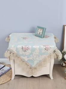 HXARTMIS 1PC Vintage Floral Lace Trim Square Tablecloth, Light Blue Jacquard Pattern Washable Fabric Dining Table Cover, Suitable For Restaurant Kitchen Home Decor - Baby Blue - View 5