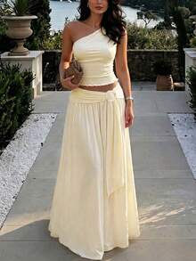 Elio Closet Women's Elegant Solid Color Fitted Summer Two Pieces Set, Minimalist Versatile Cropped Asymmetric Neck Sleeveless Top, Cinched Waist Ruched A-Line Maxi Skirt, Suitable For Beach Vacation, Work Commute, Festivals, Graduation Ceremony - Apricot - View 1