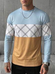 Men's Contrast Color Argyle Patchwork Crew Neck Long Sleeve T-Shirt, Casual Versatile Slim Fit Base Layer Top - Mint Blue - View 3