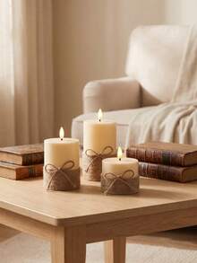 Vintage Rope Style 3pcs/Set LED Flameless Electronic Pillar Candles, Remote Control, Timer, Battery Operated, Suitable For Wedding, Halloween, Garden Decor, Party, Home Decor, Table Decor, Christmas Decoration For Holiday Party - White - View 4