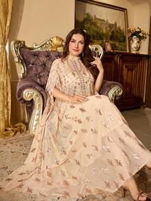 Plus Size Women's Heavy Beaded Embroidery Sequin Glamorous Stand Collar Elegant 2 Pieces Arabian Dress, Suitable For Ball And Multiple Occasions Fall - Apricot - View 4