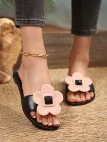 3D Flower Decor Single Strap Slide Sandals, Women Open Toe Flat Slip On Summer Casual Slippers - Black - View 1