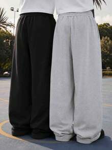 2pcs Y2K Street Style Patchwork Puddle Pants - Men's High Waist Loose Fit Sweatpants, Casual Pants, Drawstring Wide Leg Grey-Brown Joggers Sports Fall - Multicolor - View 3