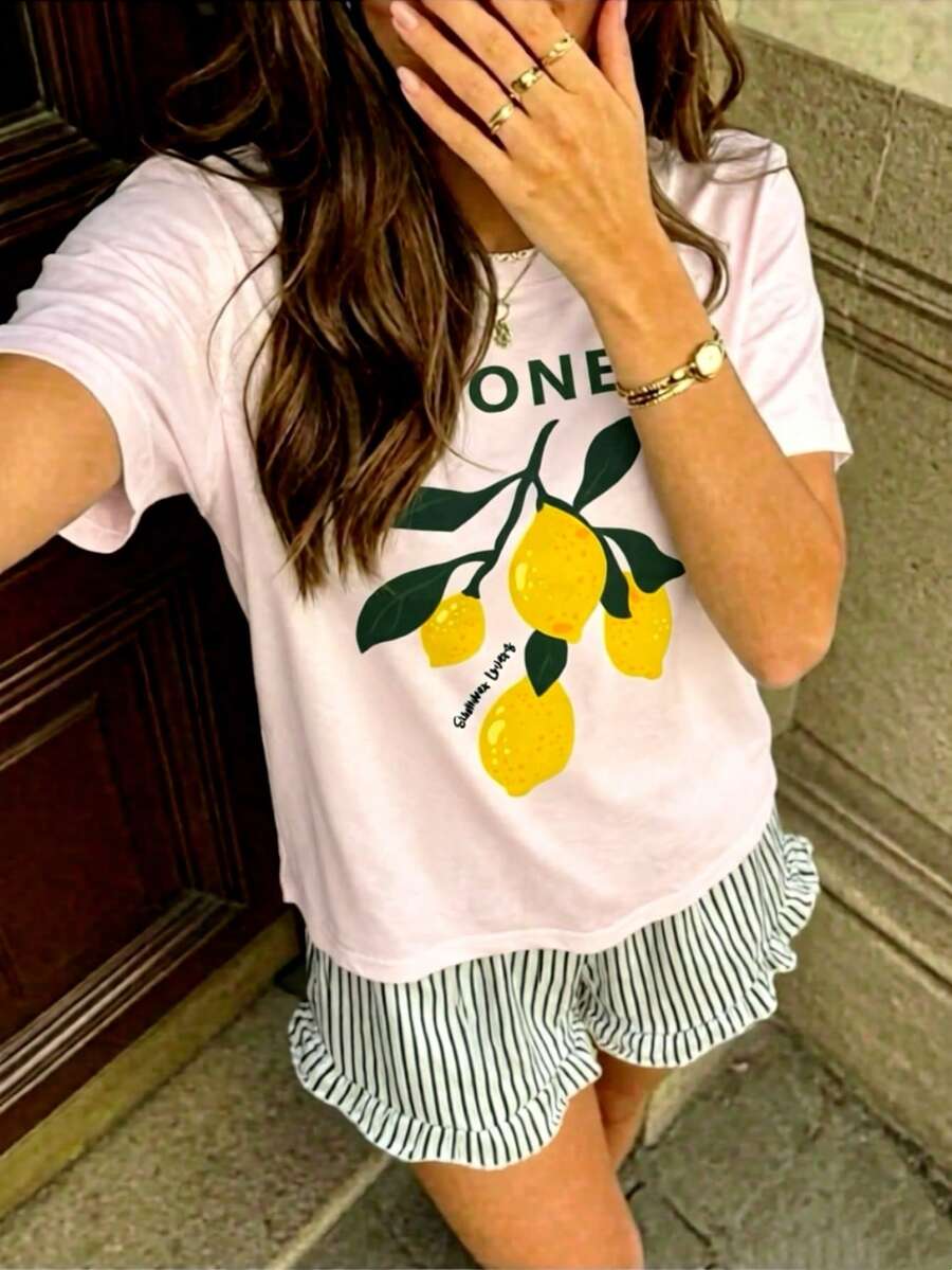 2件組女款印花短袖上衣＋鬆緊腰短褲睡衣套裝