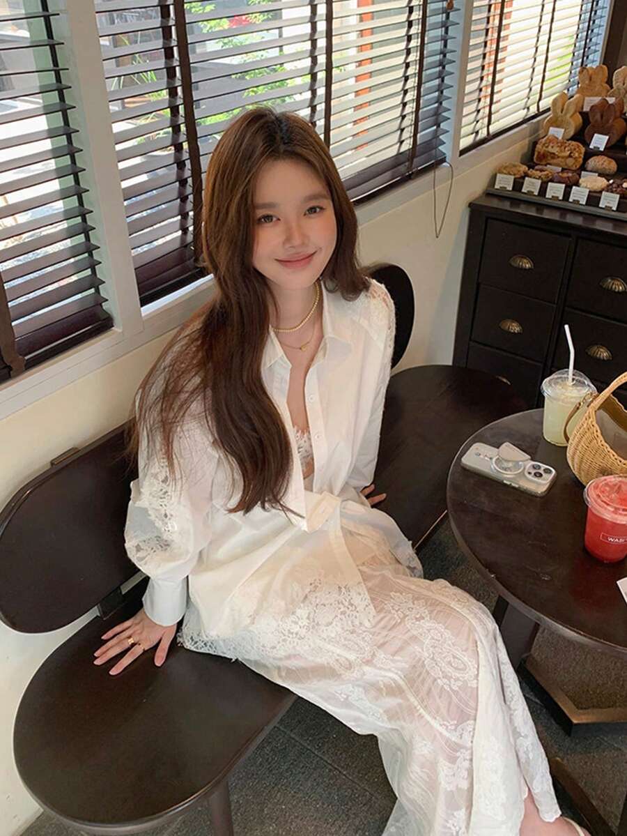 Blus Putih Patchwork Renda Prancis untuk Wanita, Model Longgar Lengan Panjang Musim Semi/Musim Gugur - Putih - View 1