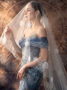 3D山茶花單層白色長拖尾頭紗，適合草地婚禮攝影，氛圍感風格，無梳子 - 彩色 - 查看 2
