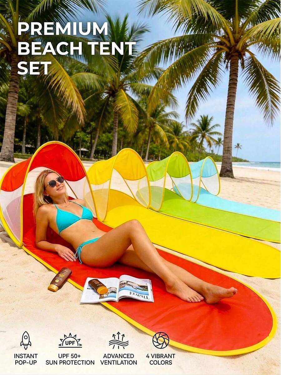 Pop-Up Beach Lounge Chair Tent, Foldable Sunshade Canopy, Breathable Windproof Beach Mat With Sunshade Cover, Suitable For Adults Summer Beach, Pool, Camping, Picnic, Travel - Multicolor - View 1