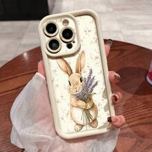 Vintage Floral Lavender Rabbit Phone Case, Cream White Straight Edge Full Coverage Soft Artistic Cartoon Shockproof Shell, Compatible With Apple 13, 15 Pro Max, 11/11 Pro Max/11 Pro/12/12 Pro/12 Pro Max/13/13 Pro/13 Pro Max/14/14 Pro/14 Pro Max/15/15 Pro Max/15 Pro/16/16 Pro/16 Pro Max. - White - View 3