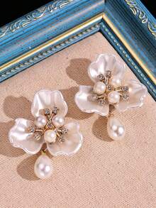 1 par de pendientes elegantes, lujosos, exquisitos y de moda con flores y perlas para mujer, adecuados para vacaciones, fiestas, playa, uso diario casual, accesorio versátil - Multicolor - Ver 6