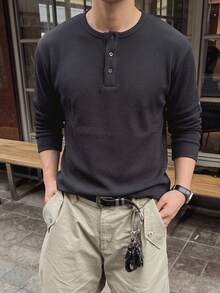 1pc Men's T-Shirt Waffle Texture Knit Fabric Pure Black Basic Style Daily Commute Versatile T-Shirt Korean Style Men's Long Sleeve Top Spring Autumn Versatile Base Layer - Black - View 10