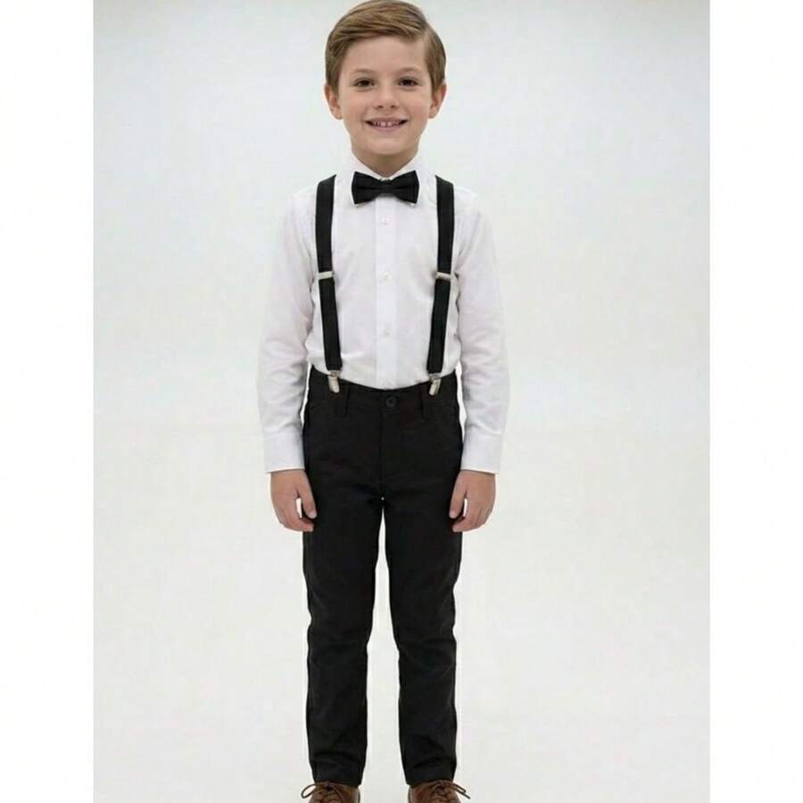 Roupa Social de Menino Infantil Juvenil Calça Suspensório e Gravata Pajem Batizado Casamento Igreja Formatura - Preto - Visão 1