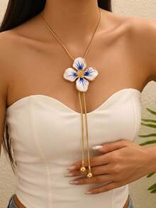 1pc New Creative Summer Floral Minimalist Oil Drop Print Anti-Blue Porcelain Pattern Fashion Elegant Elegant Long Y-Shaped Four-Petal Flower European And American Minimalist Necklace, Suitable For Daily Wear, Travel, Party And Other Occasions - Golden - View 5