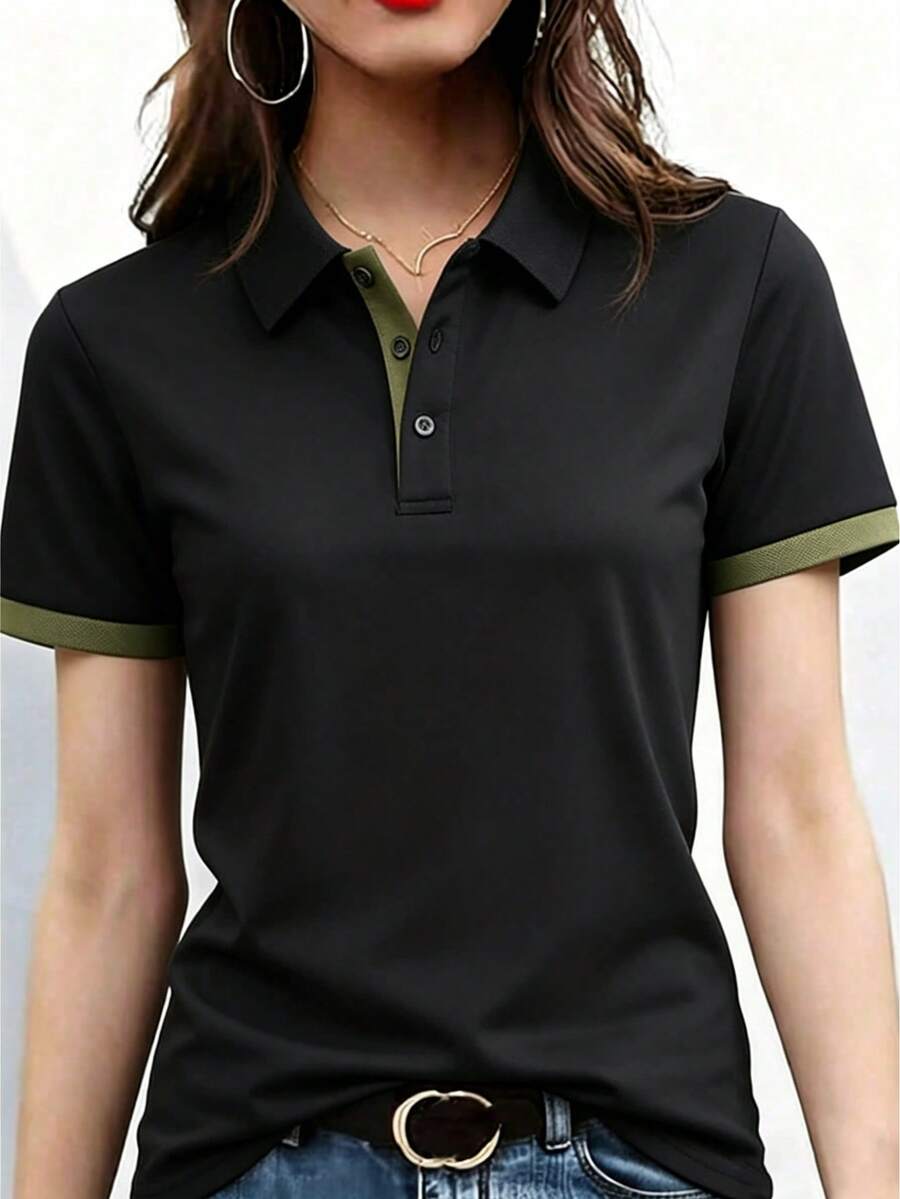 女款淺灰色夏季新款短袖 Polo T恤，修身顯瘦領口設計，百搭休閒日常通勤、高爾夫、網球、運動健身、校園度假，簡約學院風百搭上衣