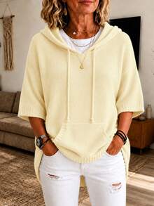 Plus Size Solid Color Knit Fabric Pocket Drawstring Casual Versatile Commute Loose Hooded Pullover Sweater Holiday College Vacation Daily Date Fall - Light Yellow - View 4