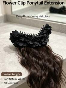 1pc Large Wavy Ponytail Pear Blossom Claw Clip, Realistic Natural Invisible Black Hair Extension, Fashionable Banana Clip With Floral Design, Premium Style For Women - Multicolor - View 6