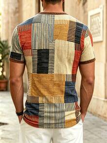 Men's Waffle Knit Digital 3D Print Colorblock Outdoor Sports Casual V-Neck T-Shirt - Multicolor - View 4