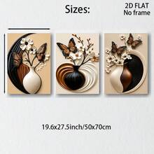 3-Piece Frameless Modern Minimalist Vase & Floral Wall Art Print Canvas Decor, Abstract Geometric Butterfly & Floral Frameless Poster, Home Decor Neutral Earth Tone Wall Art, Holiday Decoration Gift - Beige - View 7