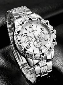 1pc Fashion Business Classic Hexagonal Large Dial Men's Alloy Strap Quartz Watch - Silver - View 2