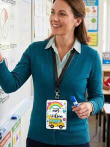 1pc Custom Teacher Name Luggage Tag,School Bus ID Card Cover,Teacher Appreciatio Gift,Back To School,ID Badge Holder Lanyard,Teacher Staff Name Tag - Multicolor - View 7
