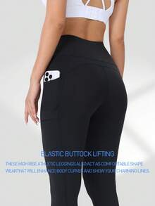 Spring Summer Autumn Women's High Waist Side Pocket Capris, Elastic Sports Leggings For Running And Workout, Leisure Black - Black - View 8