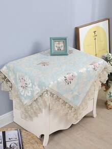 HXARTMIS 1PC Vintage Floral Lace Trim Square Tablecloth, Light Blue Jacquard Pattern Washable Fabric Dining Table Cover, Suitable For Restaurant Kitchen Home Decor - Baby Blue - View 6