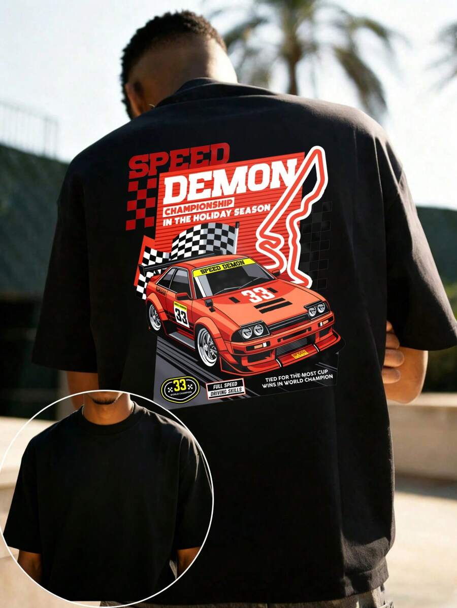 Estilo casual de ropa urbana, camiseta para hombre, estampado gráfico de coche de carreras Speed Demon, ropa de verano para exteriores,% algodón, camiseta vintage de carreras.