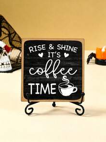 1pc Farmhouse Style Coffee Bar Decor Sign, Rise & Shine It's Coffee Time, 4"X4" Wooden Plaque With Stand, Home Kitchen Desktop Decoration Gift - Multicolor - View 4