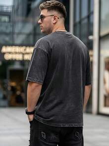 Plus Size Men's 2-Piece Set: Vintage Washed Black Bench Letter Print Plus Size T-Shirt - Black - View 5