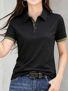 女款淺灰色夏季新款短袖 Polo T恤，修身顯瘦領口設計，百搭休閒日常通勤、高爾夫、網球、運動健身、校園度假，簡約學院風百搭上衣 - 黑色 - 查看 3
