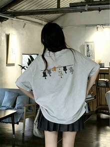 日系女款夏季寬鬆街頭時尚貓咪休閒可愛短袖T恤 - 淺花灰 - 查看 2