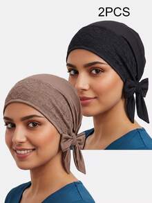 2pcs Women's Lace Trim Ribbon Headscarf Tie Headwrap Hat Chemotherapy Cap Suitable For Daily Use - Multicolor - View 1