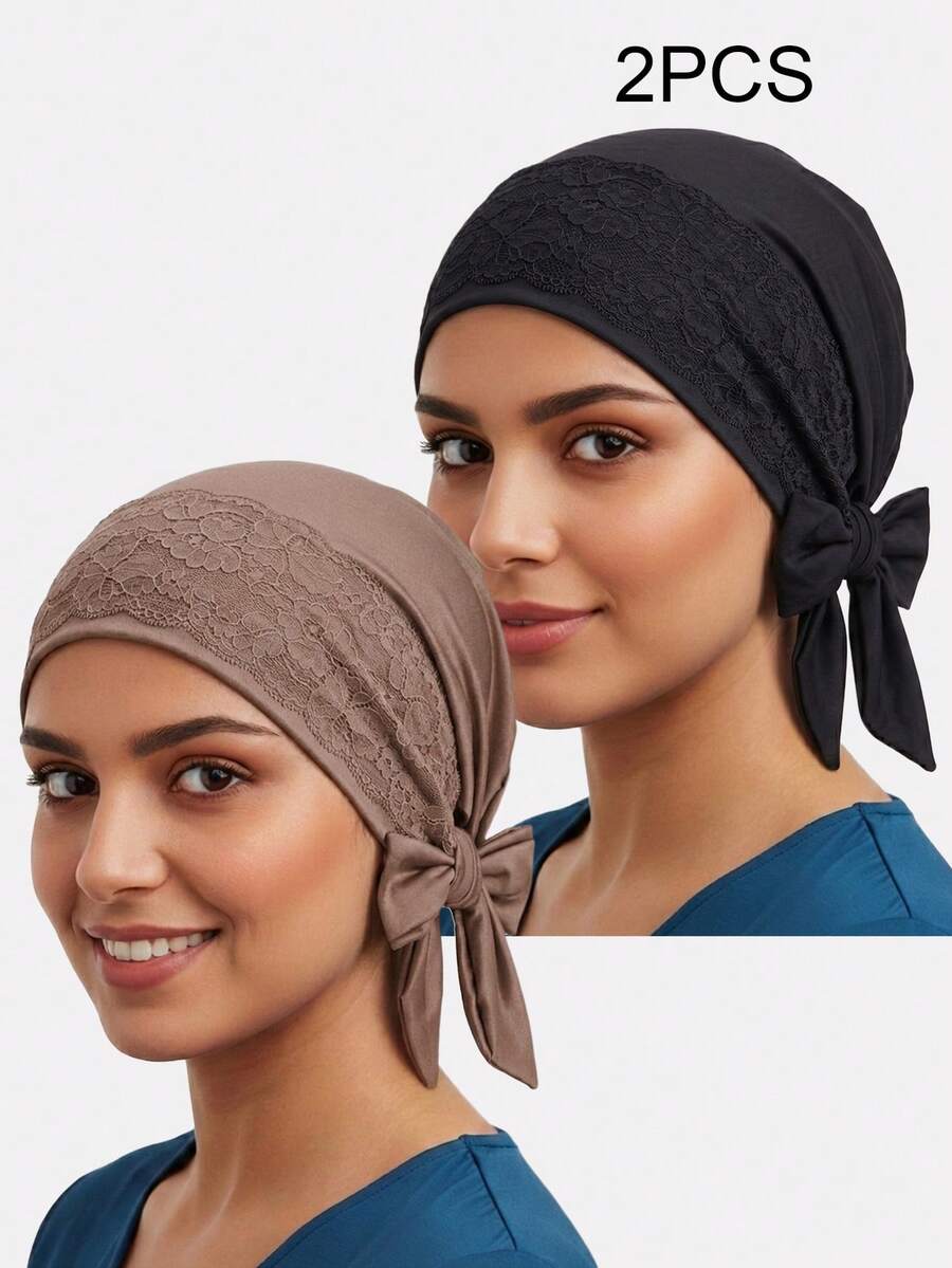2pcs Women's Lace Trim Ribbon Headscarf Tie Headwrap Hat Chemotherapy Cap Suitable For Daily Use - Multicolor - View 1