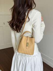 Nueva bolsa de cubo con cordón de mujer de unicolor con textura tejida, bolso de mano y de hombro de moda - Multicolor - Ver 19