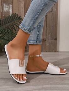Women's Fashion PU Leather Hollow Out Pure Metal Slip-On Beach Vacation Spring/Summer New Plus Size Slip-On White Flat Sandals - White - View 2