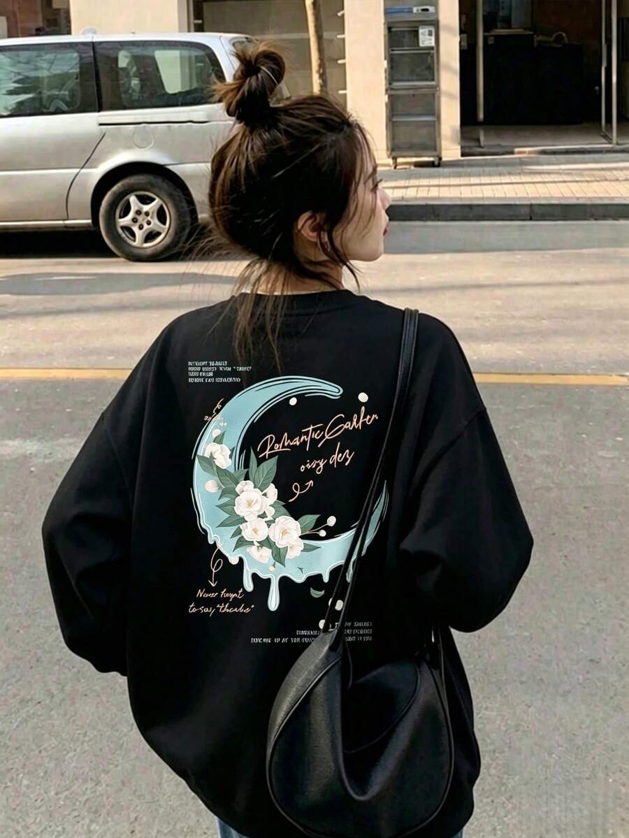 Women's Moon Pattern Print Long Sleeve Round Neck T-Shirt, Casual Loose Fit Versatile Black Top, Autumn - Black - View 1