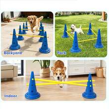 CENLEN 6 Training Cones With 50cm Diameter And Perforated Openings And 3 1.2-Meter Adjustable Portable Training Poles. Dog Agility Training Set, Perforated Obstacle Barrel Hurdle Frame, Indoor And Outdoor Agility Training Kit. - Yellow - View 3