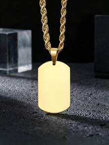 Gold Plated Blank Dog Tag Pendant Necklace, Engravable Stainless Steel Plain Rectangular Charm With Twist Rope Chain, Birthday & Daily Wear Gifts - Gold - View 3