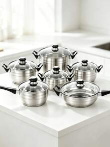 12pcs/6pcs Stainless Steel Cookware Set Stockpot Saucepan Frying Pan Set With Tempered Glass Lids Heat Resistant Handles Induction Gas Electric Stove Compatible Kitchen Cooking Pots Pans,Durable And Easy To Clean - View 10