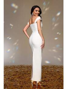 Love Aing Gaun Pesta Wanita Musim Panas Model Bodycon Berbahan Jala dengan Tali Bahu, Mutiara, dan Rhinestone, Seksi, Cocok untuk Pesta Koktail, Malam Hari, dan Acara Semi-Formal untuk Tamu Pernikahan. - Putih - View 8