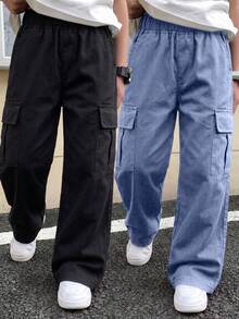 2条装青少年男童休闲运动户外工装裤，带大口袋，春秋季 - 霧霾藍 - 查看 10