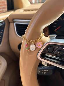 Personalized Initial Letter Car Steering Wheel Chain, Gold Chain With Enamel Tulip And Daisy Charms, Universal Stylish Cute Car Driving Accessories - Steering Wheel Decorative Chain - View 10