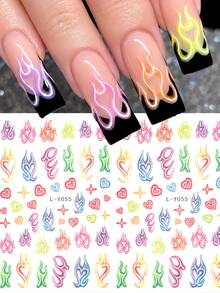 Pegatinas de uñas con diseño de llama, calcomanías de arte de uñas con corazón de rayo colorido y flor, suministros de arte de uñas con degradado de punta negra - Multicolor - Ver 2