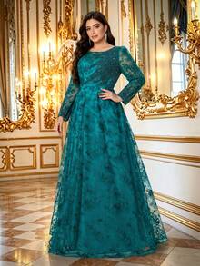 Plus Size Elegant Autumn/Winter Faux Pearl & Rhinestone Embellished Lace A-Line Long Evening Dress, Round Neck Sheer Long Sleeve, Suitable For Party, Wedding, Date - Teal Blue - View 5