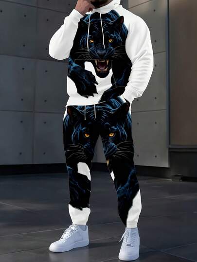 Men's Casual Hooded Sweatshirt Set, Cool Tiger Stripe Top And Pants Two-Piece Set, Casual, Stylish, , Versatile, Slightly Stretchy, Machine Wash