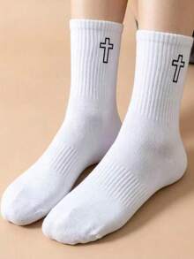 5/10 Pairs Unisex Simple Black & White Cross Mid-Calf Socks, Solid Color Versatile, Minimalist Daily Wear, Suitable For Everyday Use - Black and White - View 9