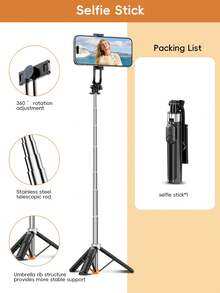1.8m 1.7m 75cm 合金自拍棒三腳架，一鍵彈出式可拆卸底座，三色 LED 補光燈，藍牙防抖手機支架，適用 Vlog、旅行、節日禮物，支持 iOS 和 Android 系統 - 彩色 - 查看 16