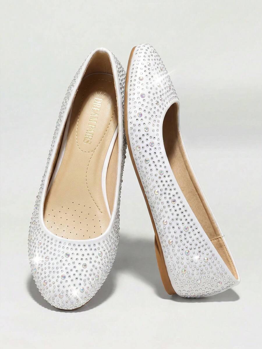 Women's Rhinestone Glitter Ballet Flats Slip-On Elegant Comfortable Round Toe Solid Color Party Wedding Shoes - trắng - Xem 1